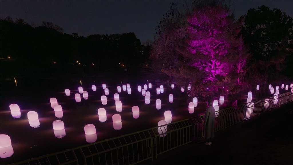 「チームラボ ボタニカルガーデン 大阪」大池に浮遊する呼応するランプ - 曖昧な桜