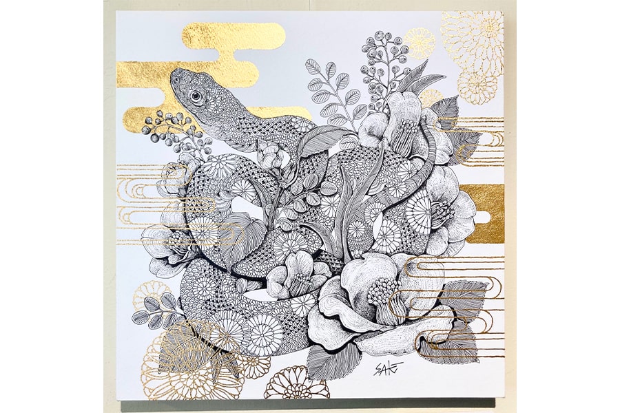 大丸下関店美術画廊「Saki 原画展 ボールペンの息吹」Saki「長楽萬年」(ボールペン・金属箔)