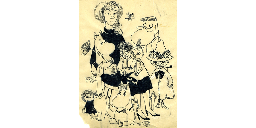 トーベ・ヤンソン「ムーミンたちとの自画像」1952年インク、紙